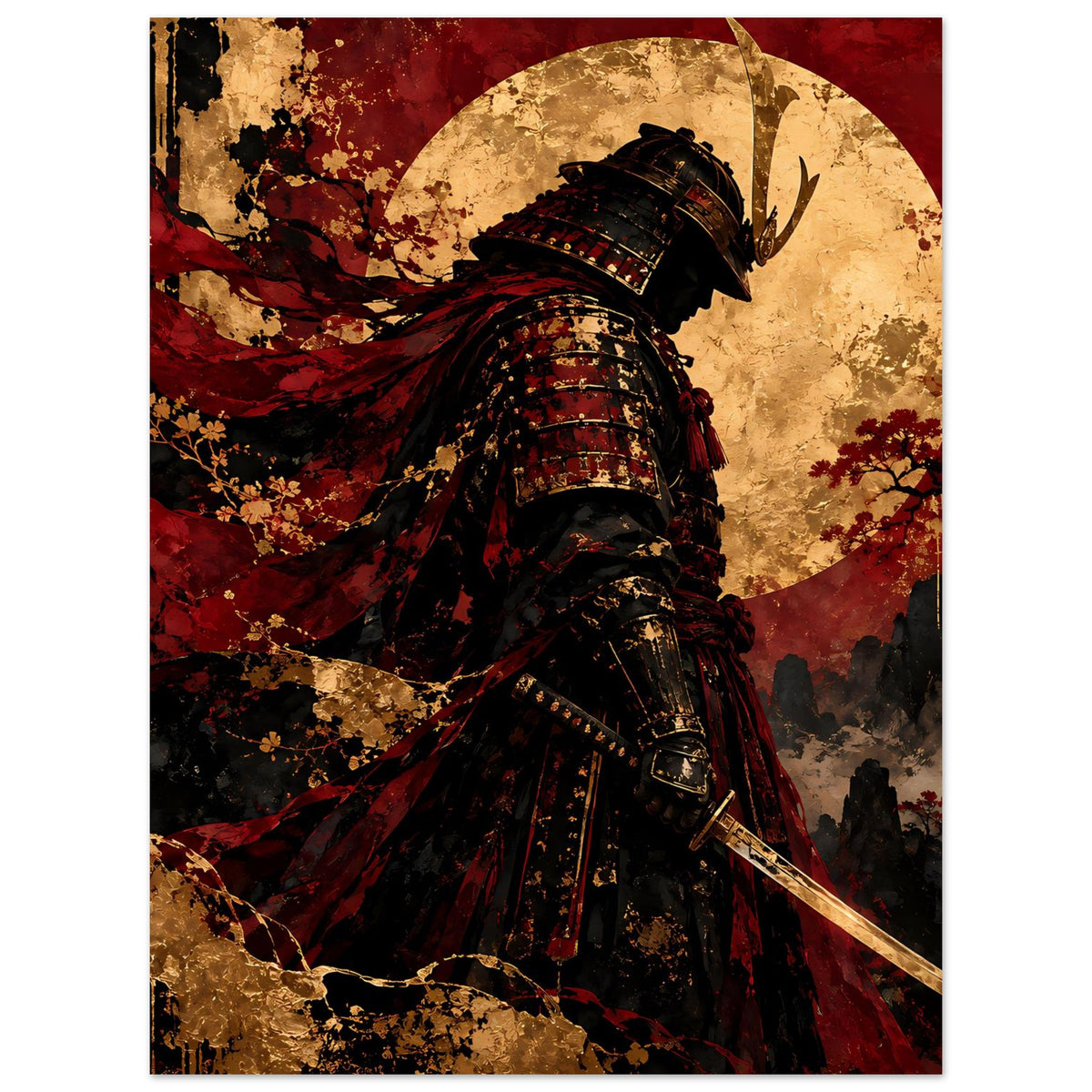 Japan-Poster: Samurai-Krieger im Profil, schwarze Rüstung, roter Umhang, goldenes Halbmondmotiv