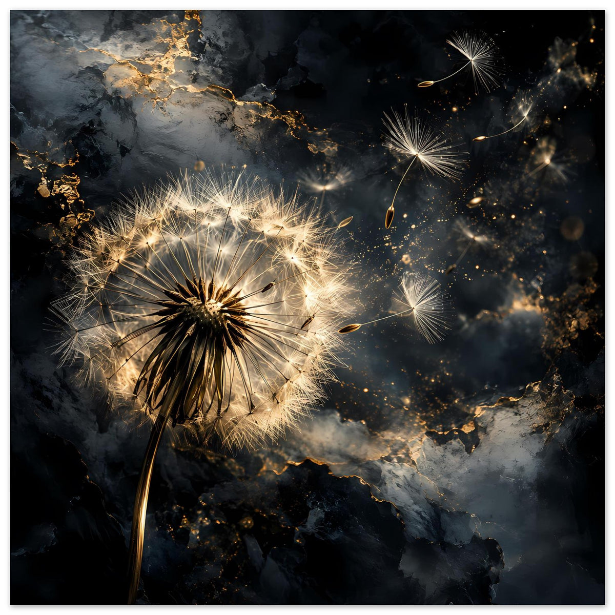Mattes Poster mit großer Pusteblume und goldenen Funken über dunklen Wolken