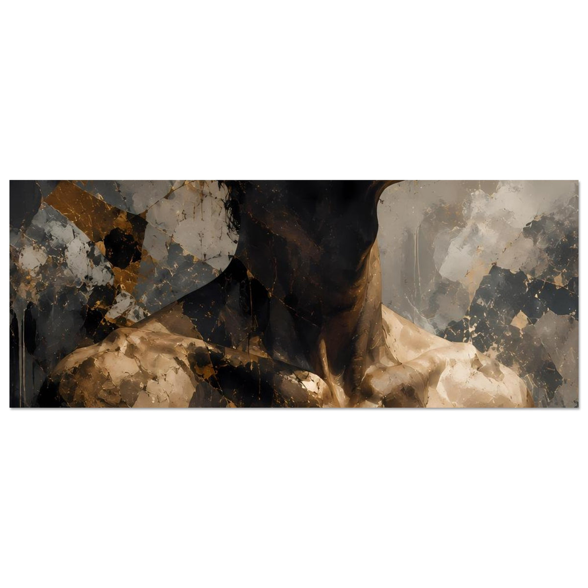 Kunstposter mit abstraktem Männerporträt in Schwarz, Beige und Gold, Brustansicht
