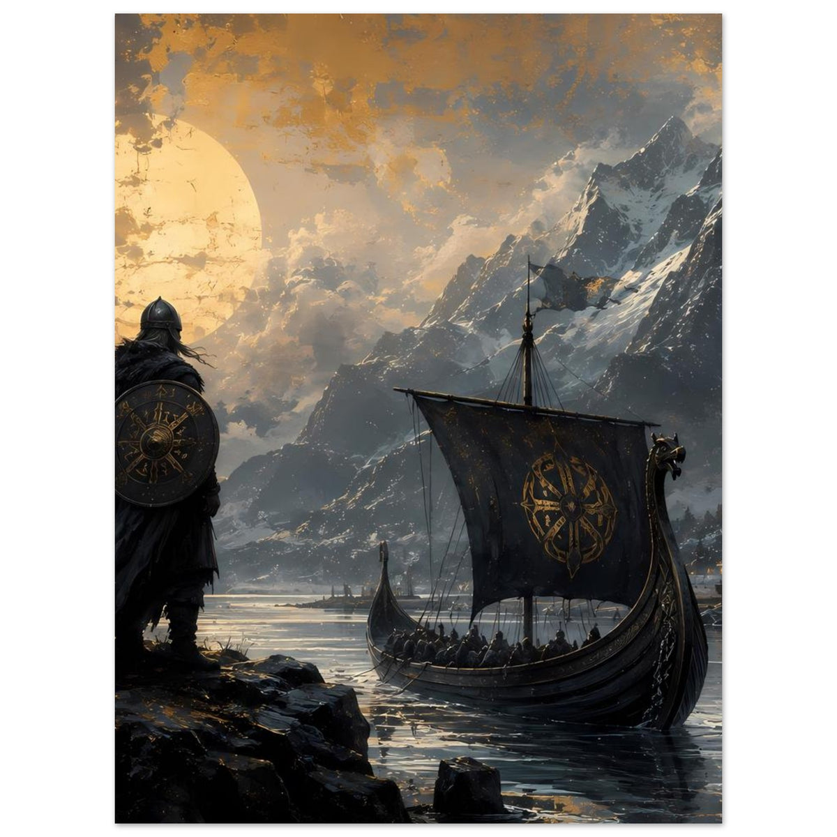 Wikinger-Poster: Krieger mit rundem Schild und Drachenboot im Fjord vor Bergen