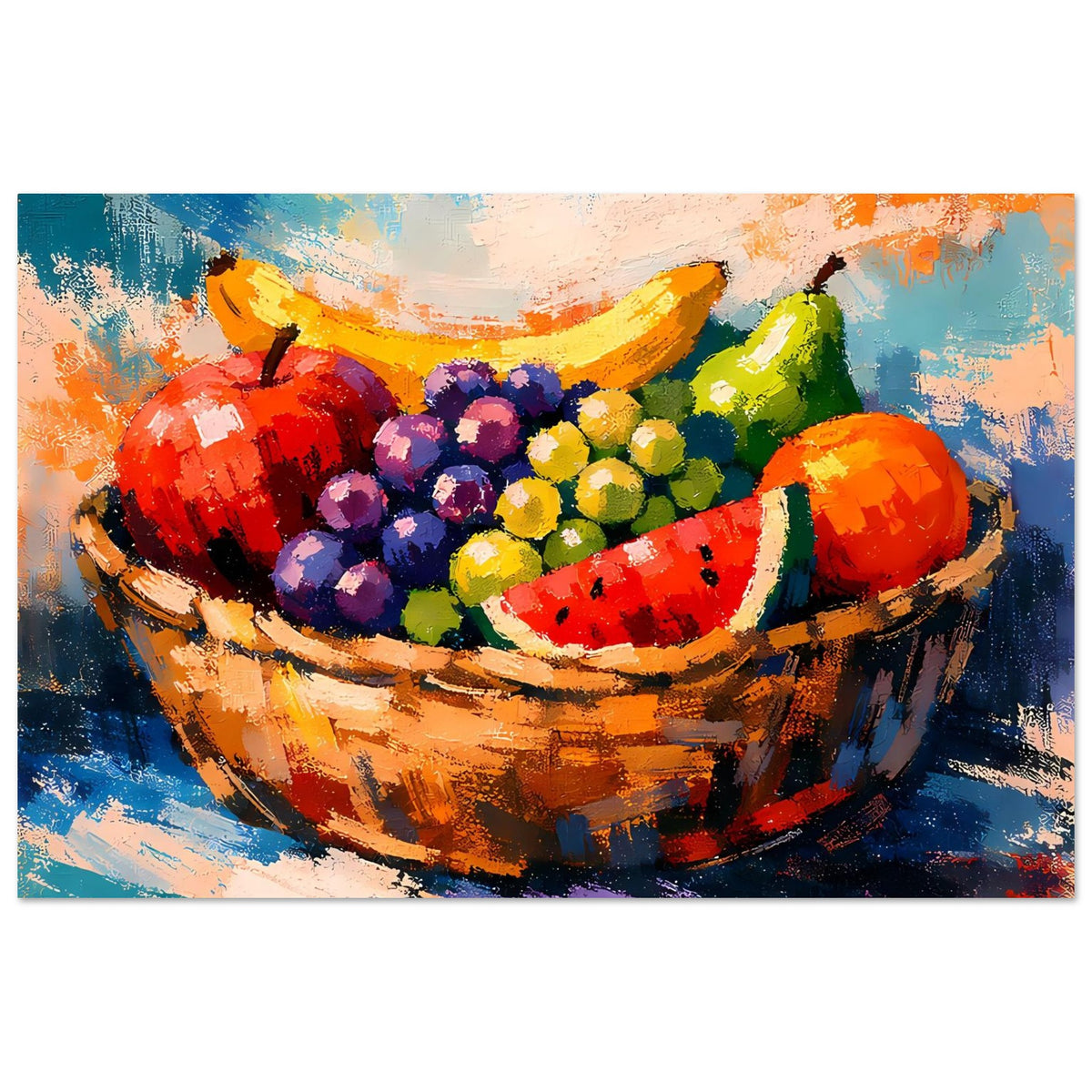Obstkorb-Poster: gemalte Obstschale, bunte Früchte in Blau-, Orange- und Lilatönen