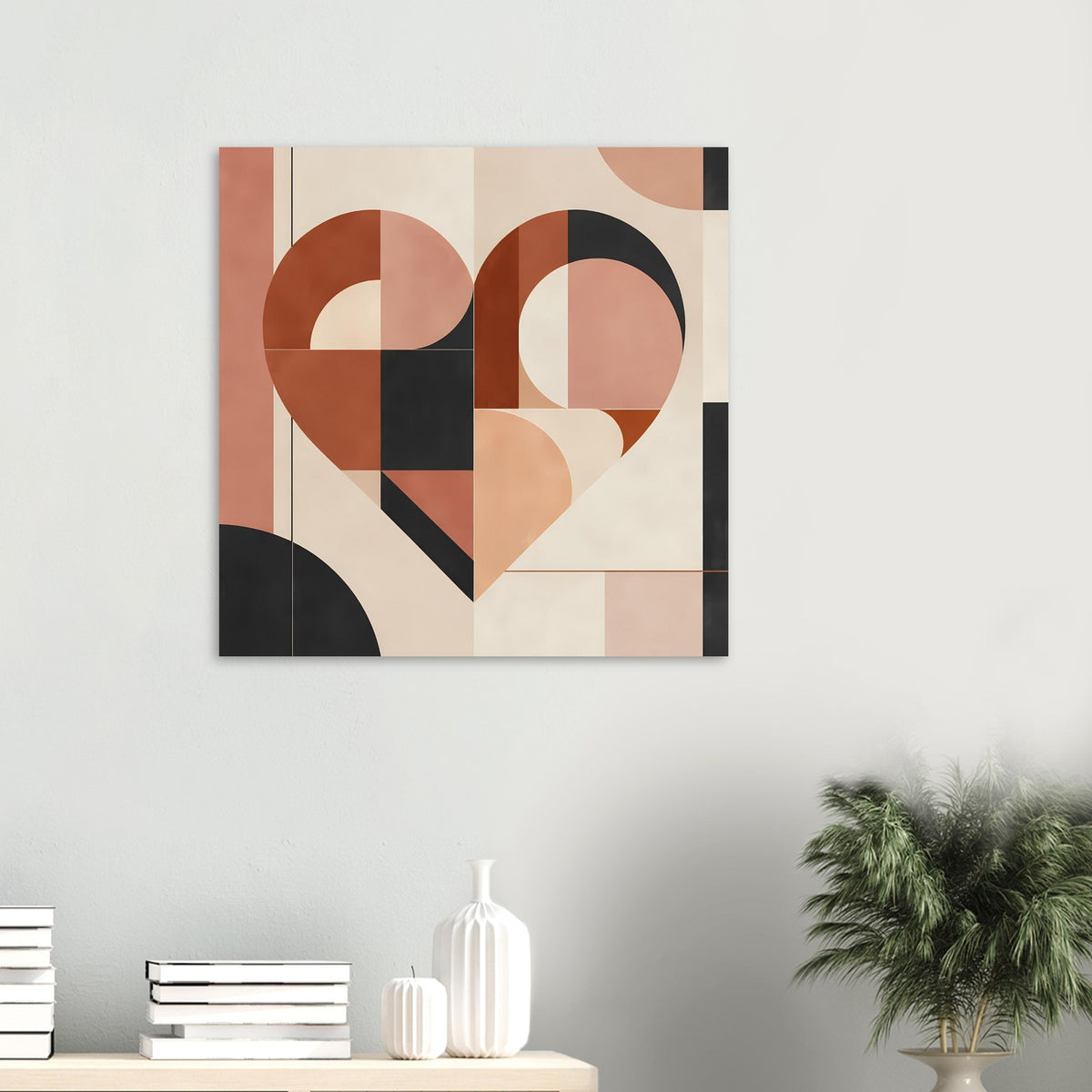 Wandbild im Bauhaus-Stil: geometrisches Herz in Terrakotta und Rosa mit schwarzem Halbkreis