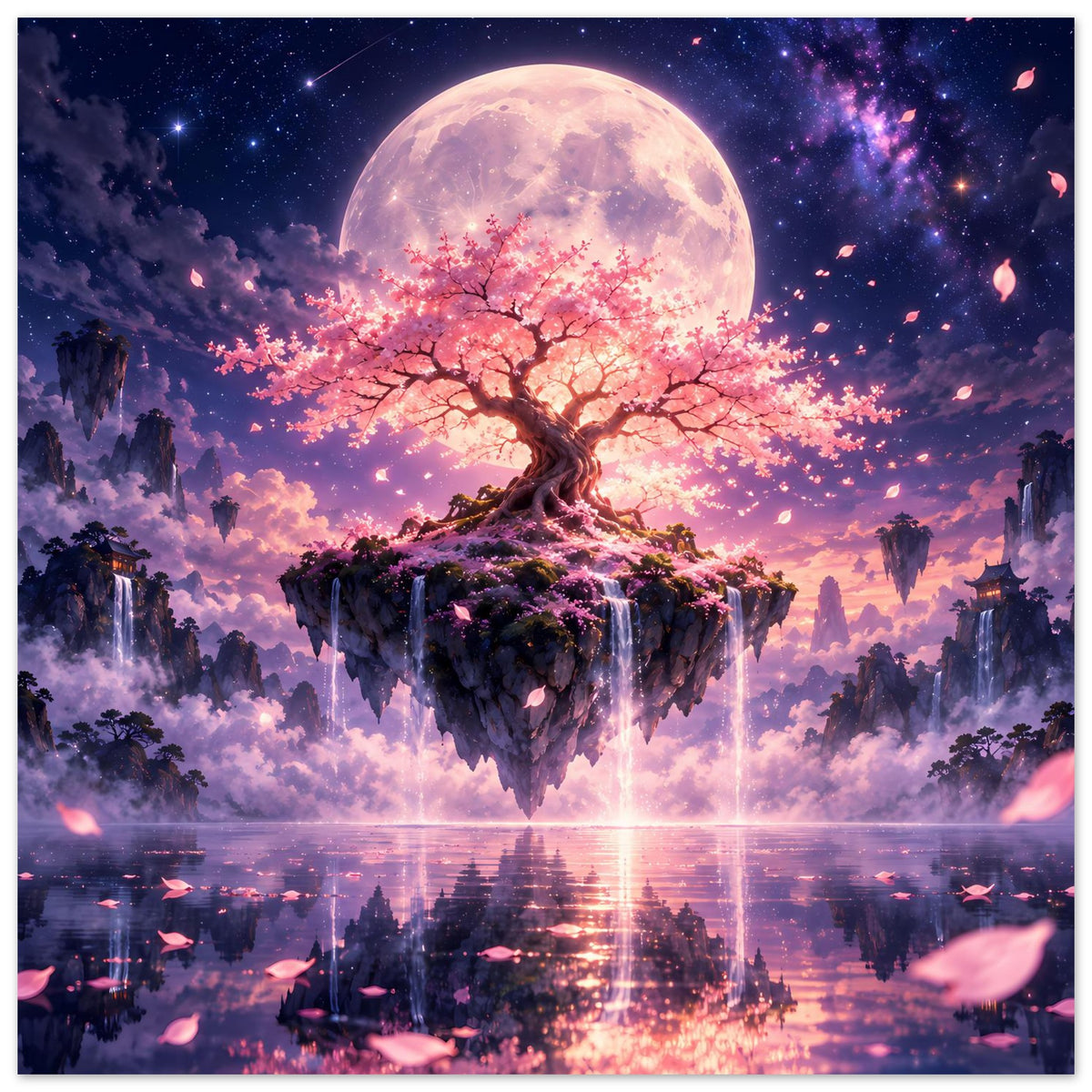 Hochformat-Poster: schwebender Kirschblütenbaum, großer Mond und violetter Sternenhimmel.