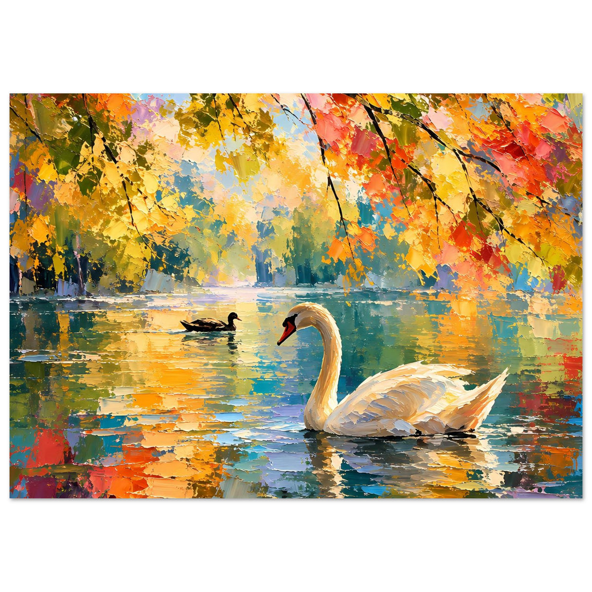 Horizontales Wandposter mit zwei Schwänen auf Herbstsee und bunten Laubzweigen