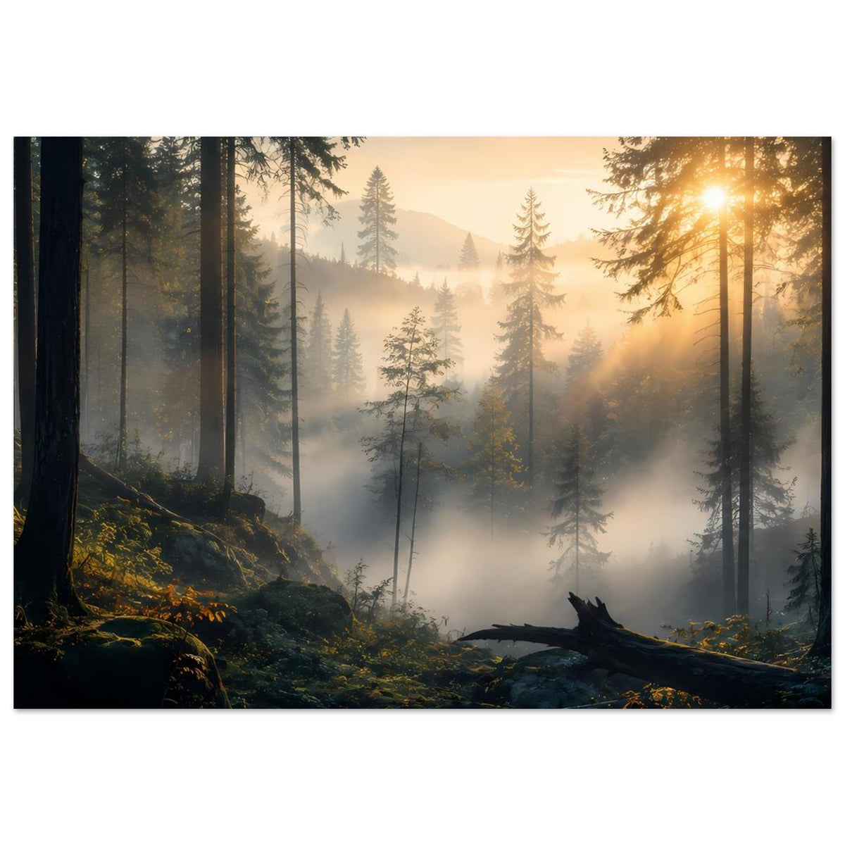 Waldposter mit Sonnenaufgang über dem Nebelwald, Tannen, Moosboden und Baumstamm