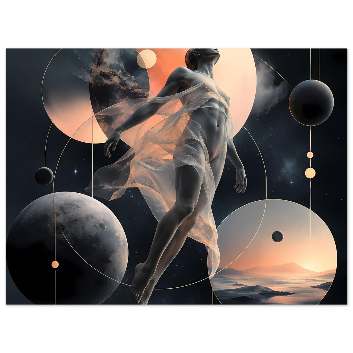 Horizontales Poster mit abstrakter Figur, Monden, Planetenringen und orangefarbenem Schein