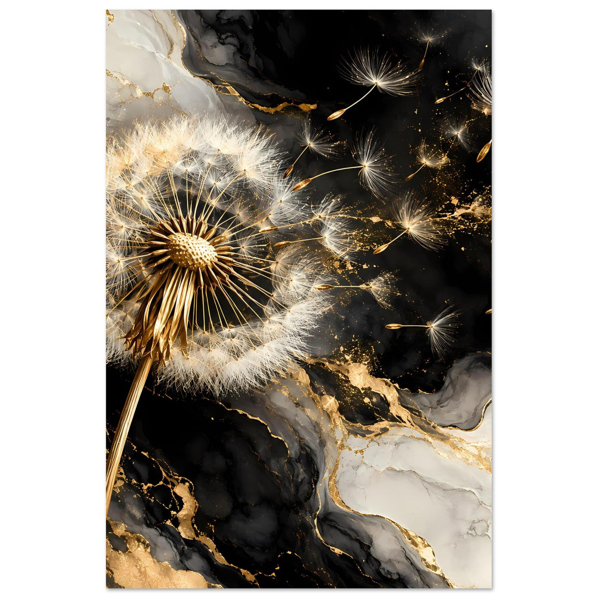 Poster im Hochformat mit Pusteblume, goldenen Samen, schwarzem und beigem Marmordesign
