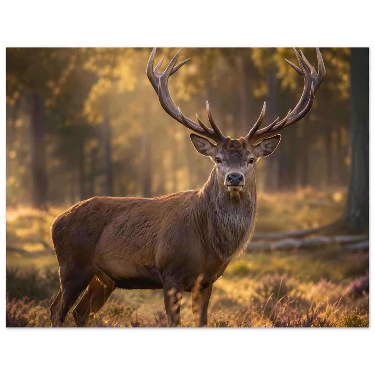 Hirsch-Poster im Hochformat: brauner Hirsch mit großem Geweih, nach vorn blickend