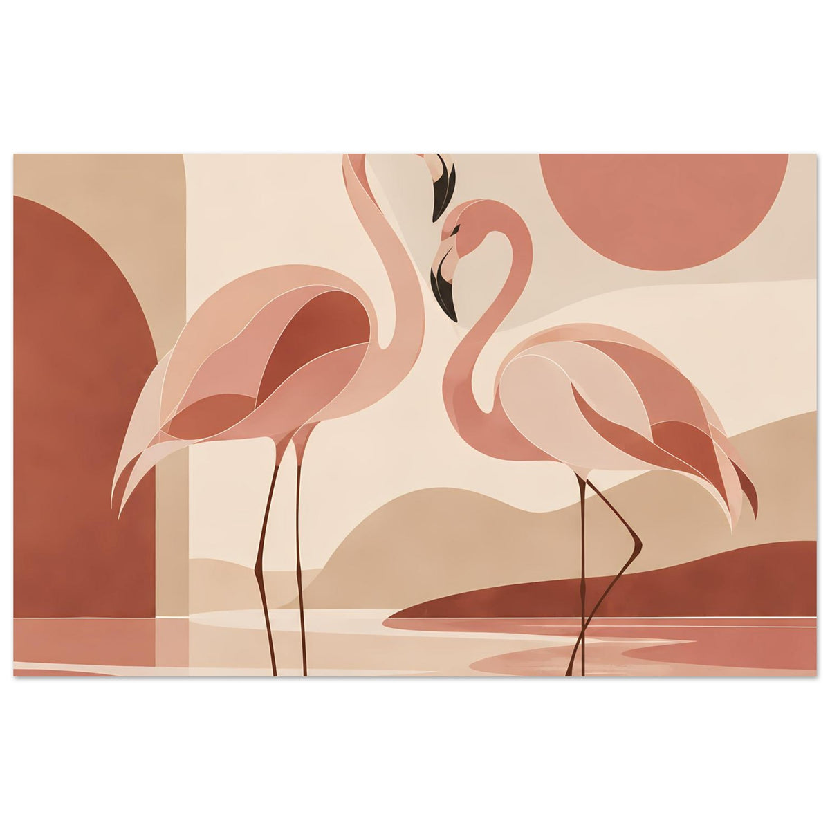 Boho-Naturposter: zwei Flamingos in Pastellrosa, Wasserfläche mit reflektierenden Linien