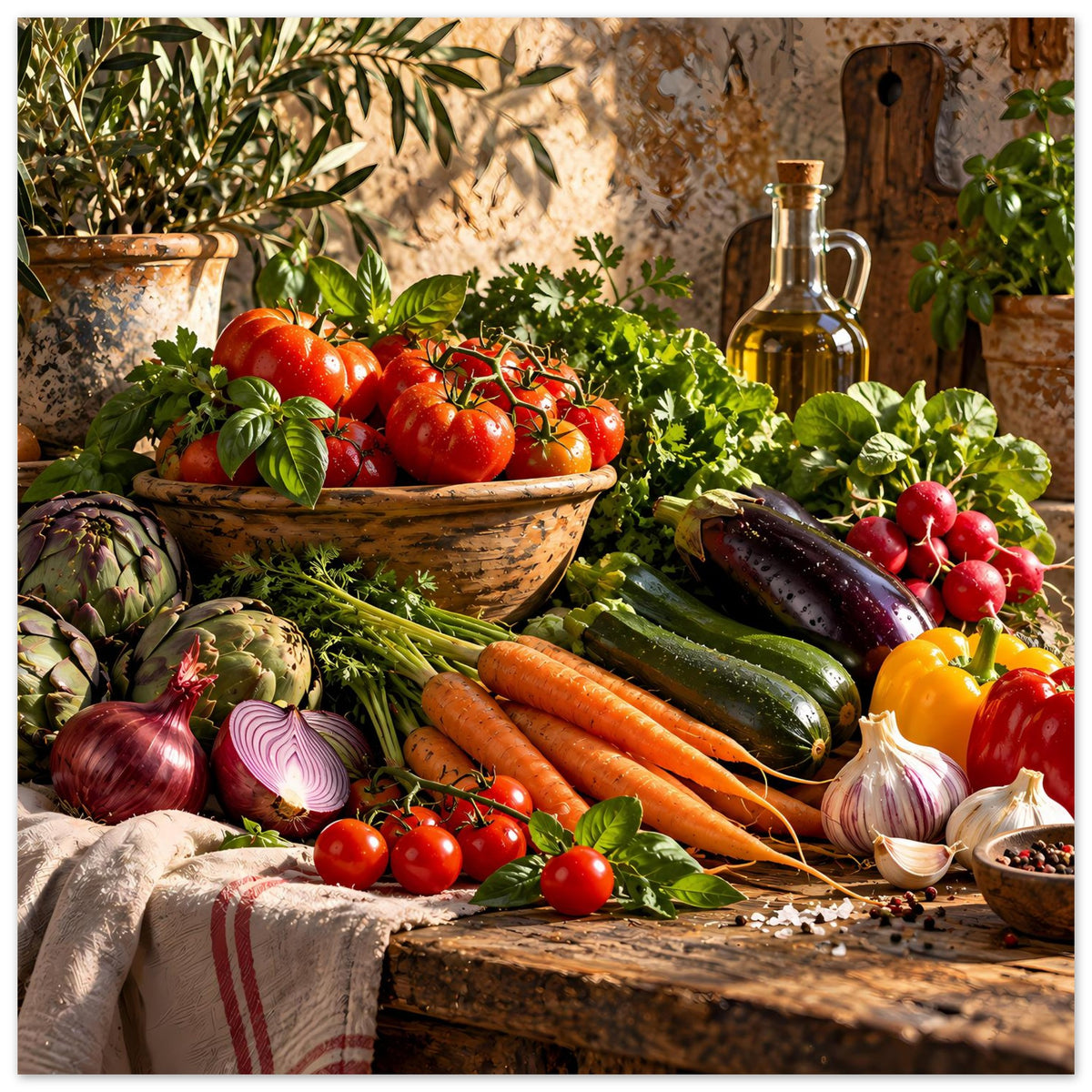 Küchenposter mit Gemüse: Tomaten, Karotten, Zucchini, Radieschen und Ölflasche