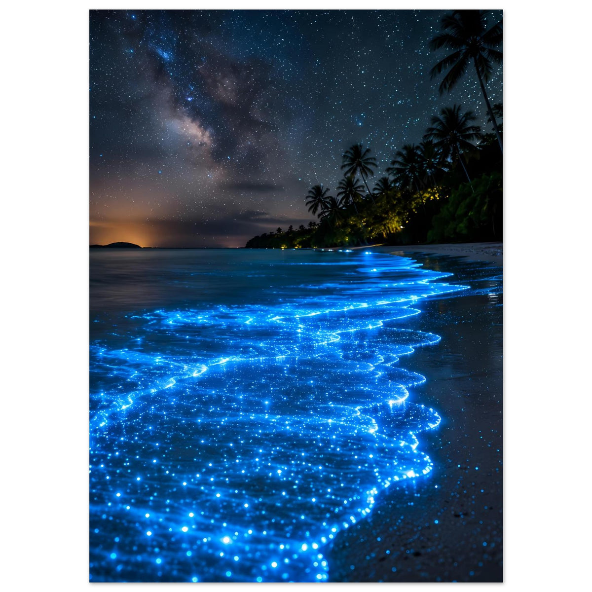 Meeresposter mit leuchtend blauen Biolumineszenz-Wellen am Strand, Nacht und Palmen