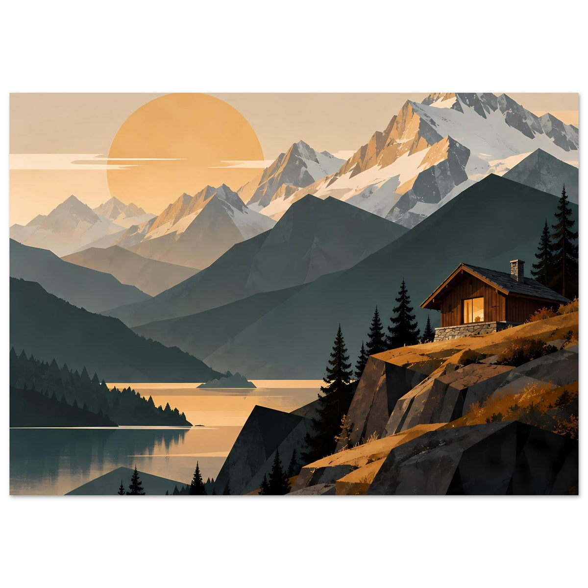 Landschaftsposter im Querformat: Hütte am See, Berge und Sonne im Sonnenuntergang