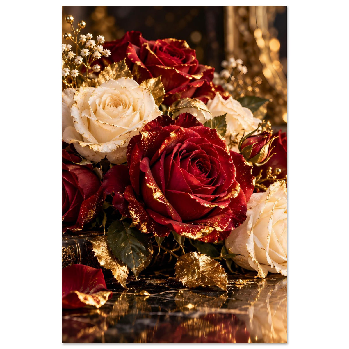 Poster mit Rosenstrauß: cremeweiße und bordeauxrote Rosen, goldene Elemente und glänzende Blätter.