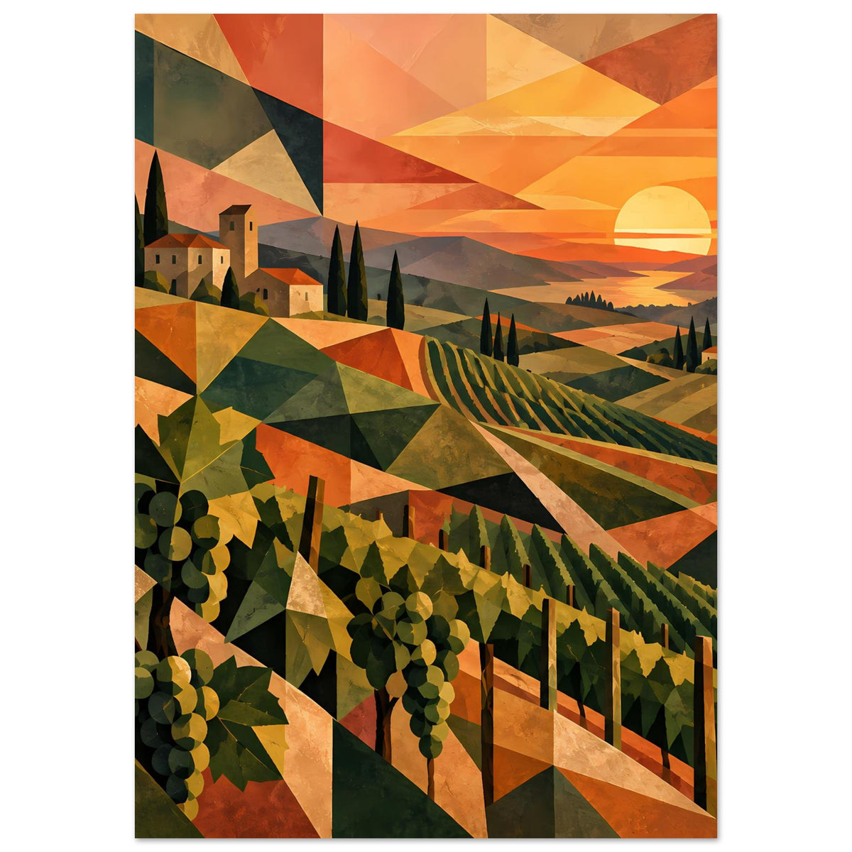 Vertikales Poster mit Weinreihen, Häusern und geometrischem Sonnenuntergang in warmen Farben