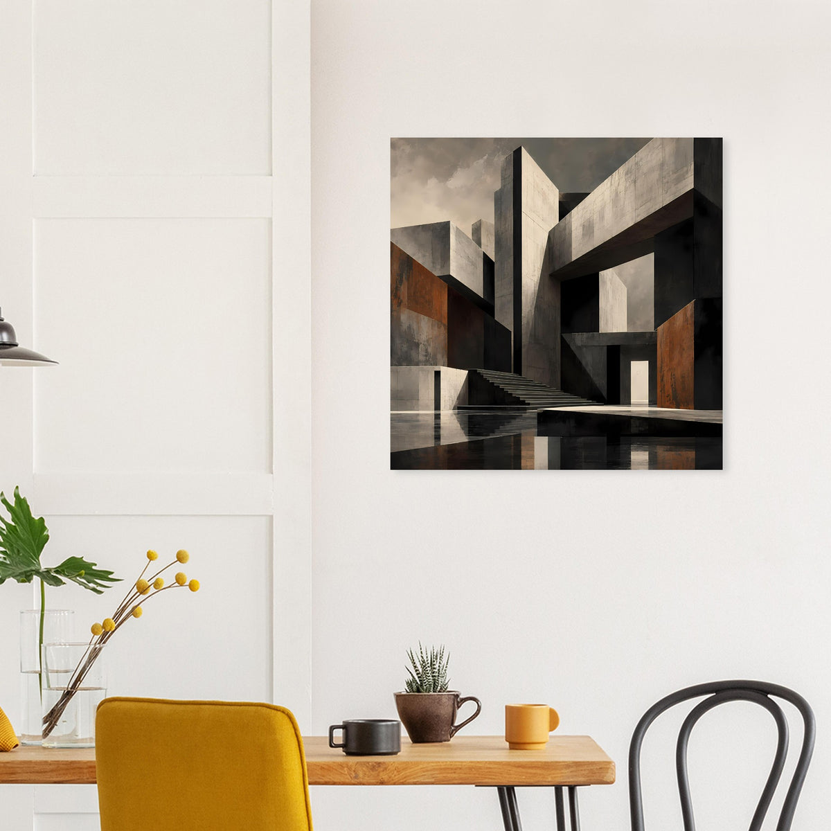 Poster mit abstrakten Gebäudeformen in Schwarz, Grau und Beige, mit braun-orangen Details