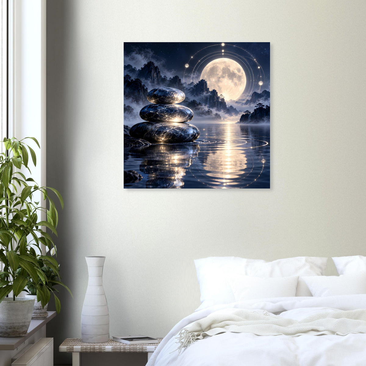 Quadratisches Zen-Poster mit Vollmond über gestapelten Steinen am Wasser