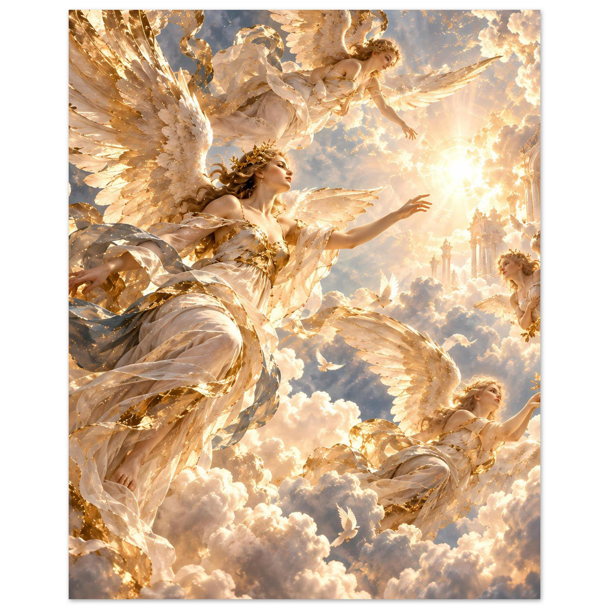 Mattes Poster: Engel in weißen und goldenen Gewändern über Wolken, Hochformat