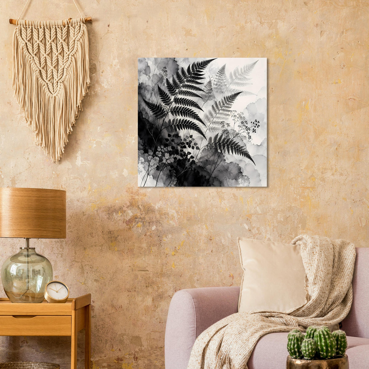 Quadratisches Schwarz-Weiß-Kunstposter mit Farnwedeln und Blüten, ausdrucksstarker Kontrast