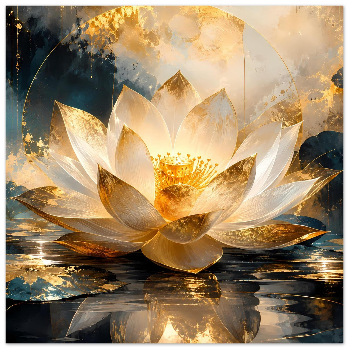 Kunstposter: goldweiße Lotusblüte auf spiegelndem Wasser, warmes Gold im Kern