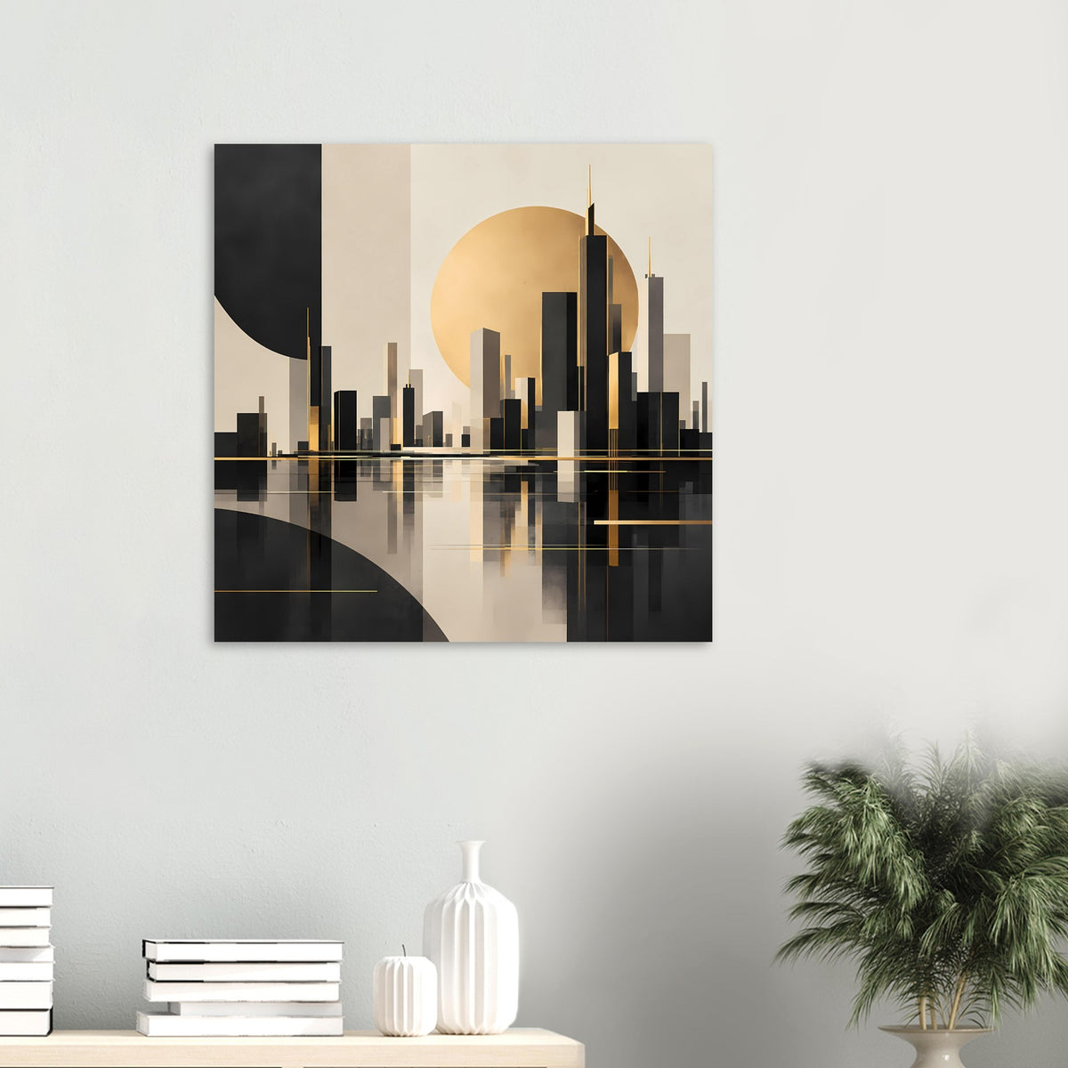 Poster im quadratischen Format: Skyline in Schwarz und Gold mit Halbmond und Reflexion