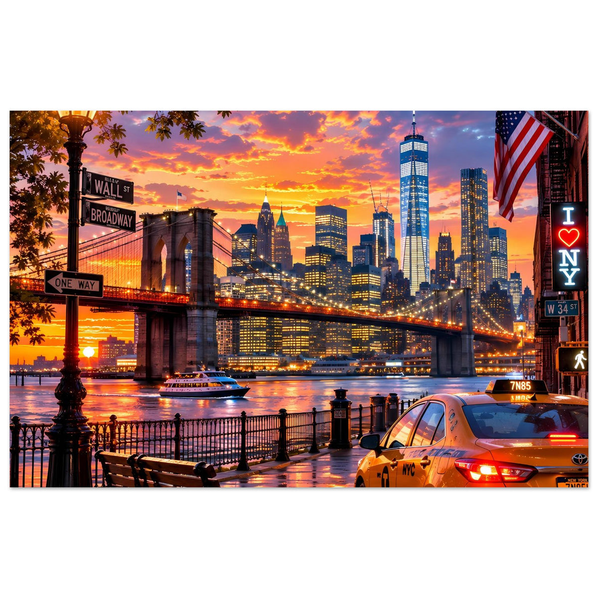 Horizontales Poster mit New York Skyline bei Sonnenuntergang, Brooklyn Bridge und Gelbtaxi