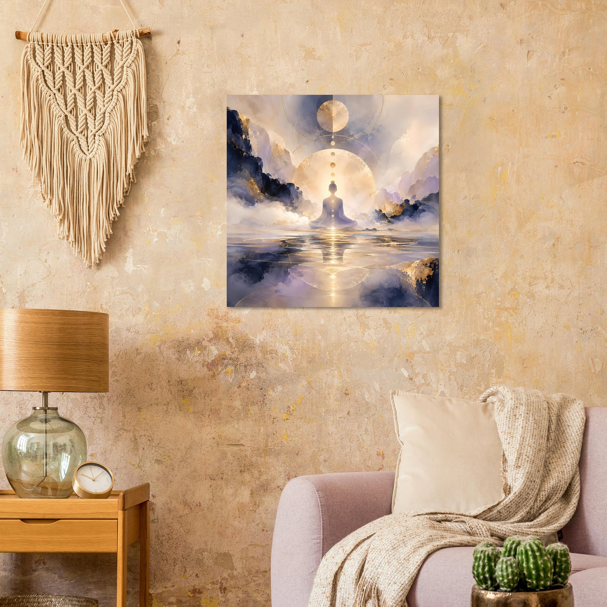 Quadratisches Poster mit Meditationsfigur im Lichtbogen, goldenen Kreisen und Wolkenlandschaft