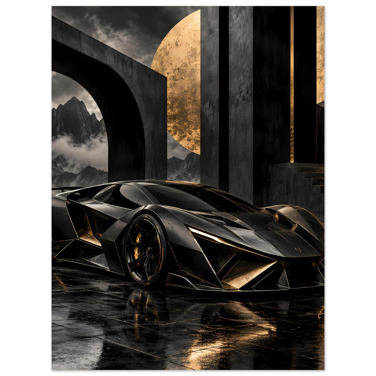Poster mit futuristischem Supersportwagen in Schwarz und Gold, vorn, Seitenlinie und Frontsplitter sichtbar