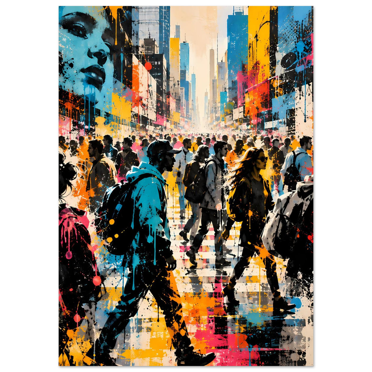 Streetart-Poster im Hochformat: Blick auf Stadtstraße mit Menschen und bunten Farbverläufen