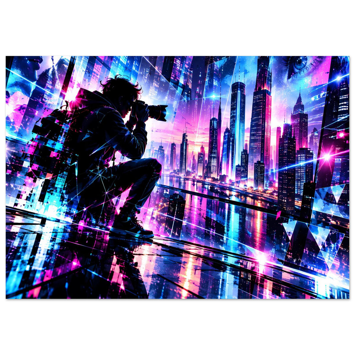 Cyberpunk-Stadtposter mit Schützen-Silhouette, Neon-Skyline und kräftigen Blau-Pink-Akzenten