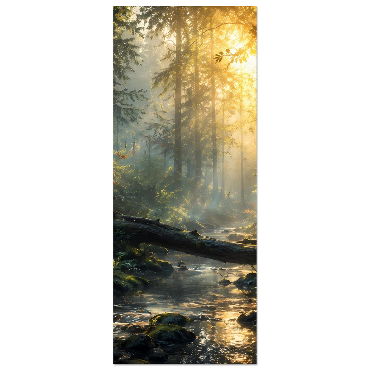 Poster im Hochformat mit Waldweg am Bach, Nebel und goldenes Licht über den Bäumen