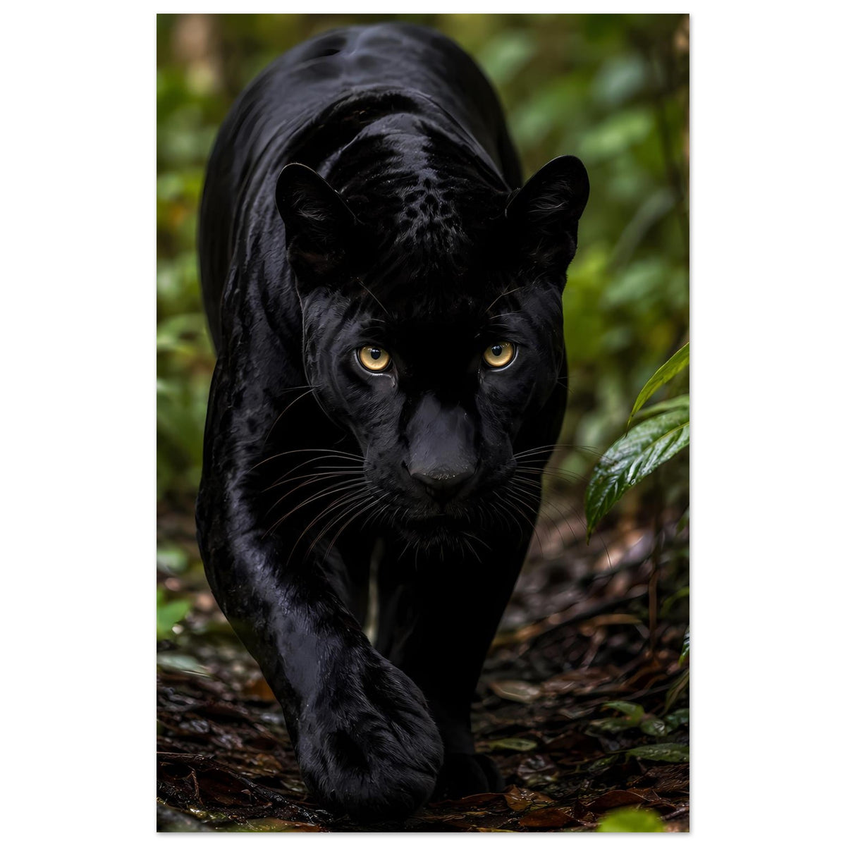 Poster mit schwarzem Panther, im Wald laufend, gelbe Augen