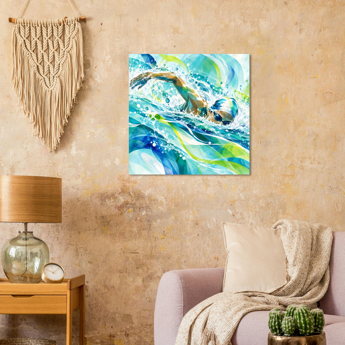 Quadratisches Kunstposter mit Delphin-Motiv unter Wasser, Blau-Grün, mit Wellenakzenten