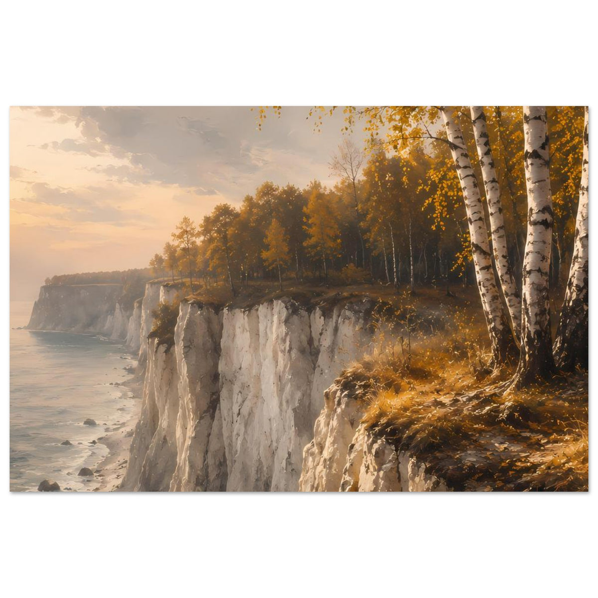 Matte Poster mit Küstenfelsen, Herbstwald und Birken am Meer