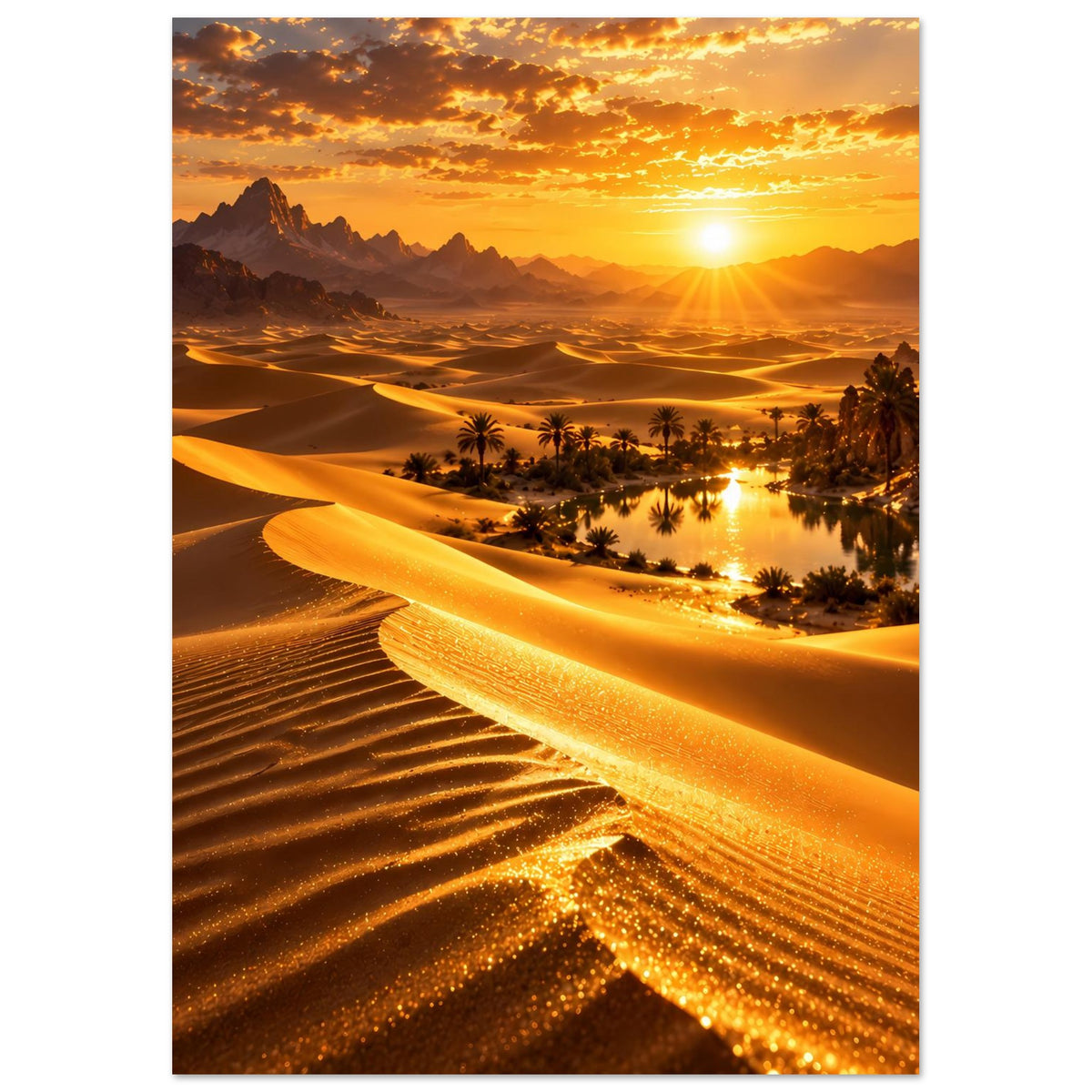 Poster Wüstenlandschaft bei Sonnenuntergang mit Dünen und Oase, warme Orange- und Goldtöne
