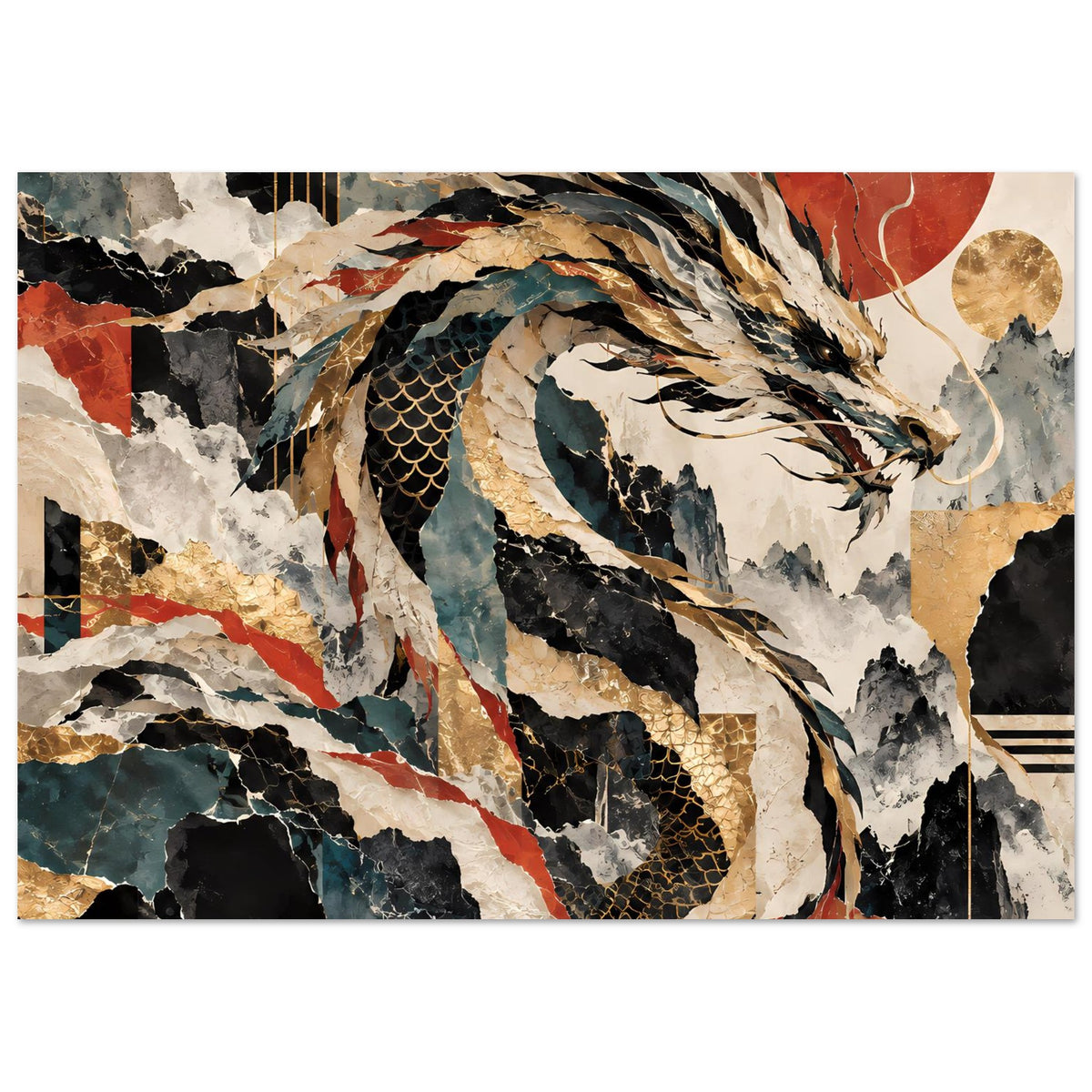 Drachen-Poster im abstrakten Stil, horizontales Motiv mit Gold- und Rottönen, gerahmt