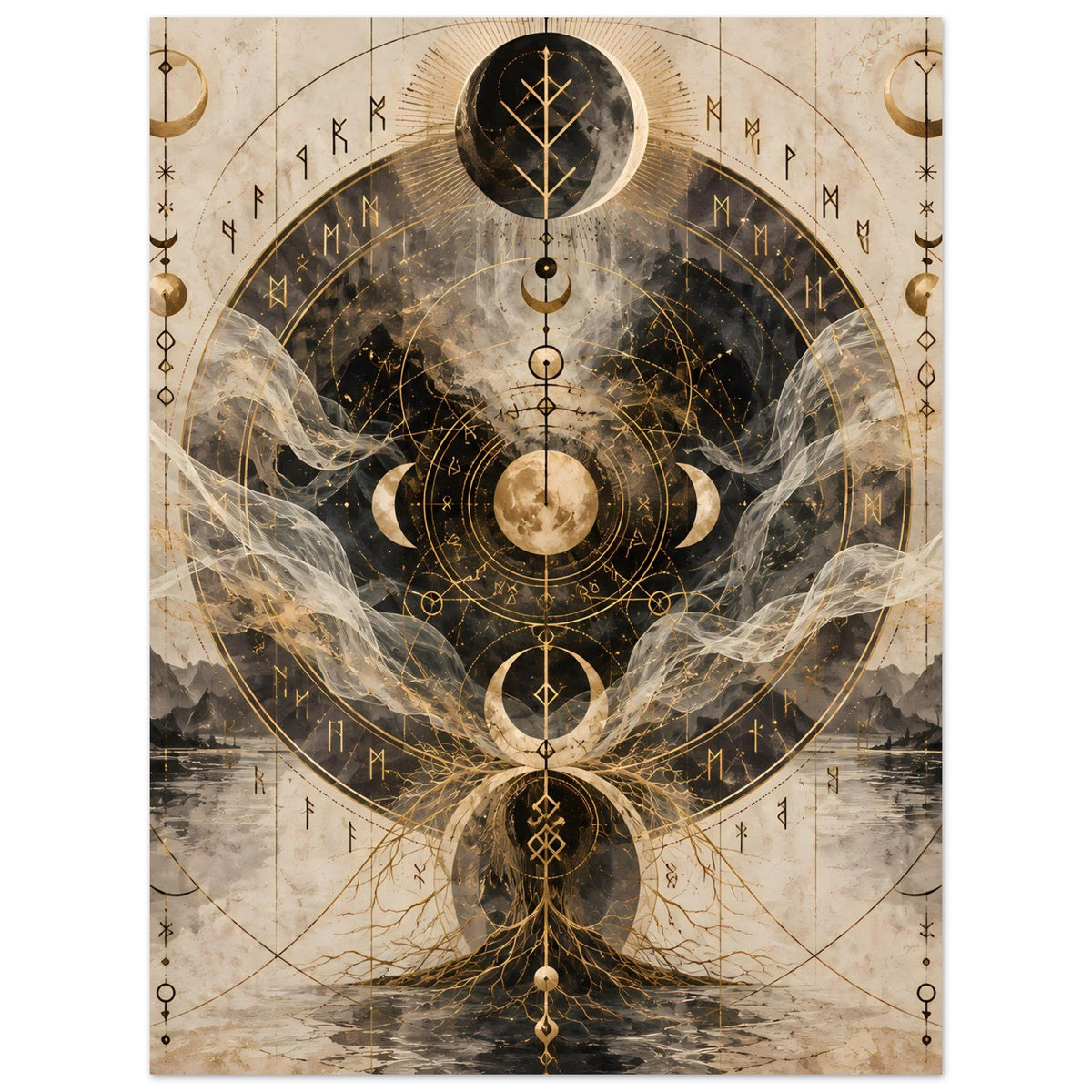 Poster mit zentraler Mondreihe, goldenen Verzierungen und hellem Nebelmotiv