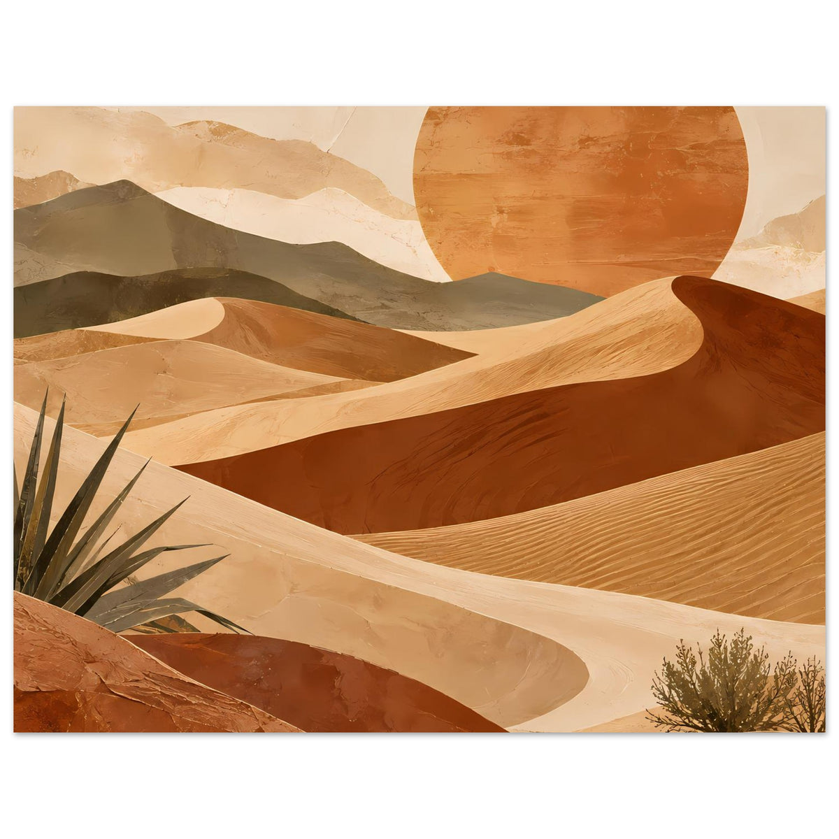 Poster mit runder Sonne über Sanddünen, creme-beige Kämme, braune Senken und Strauch rechts