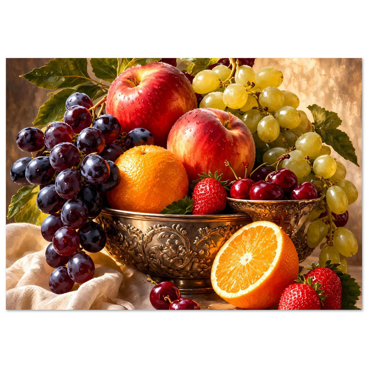 Stillleben-Poster mit Obstschale, dunklen Trauben, Apfel, Orange und Erdbeeren