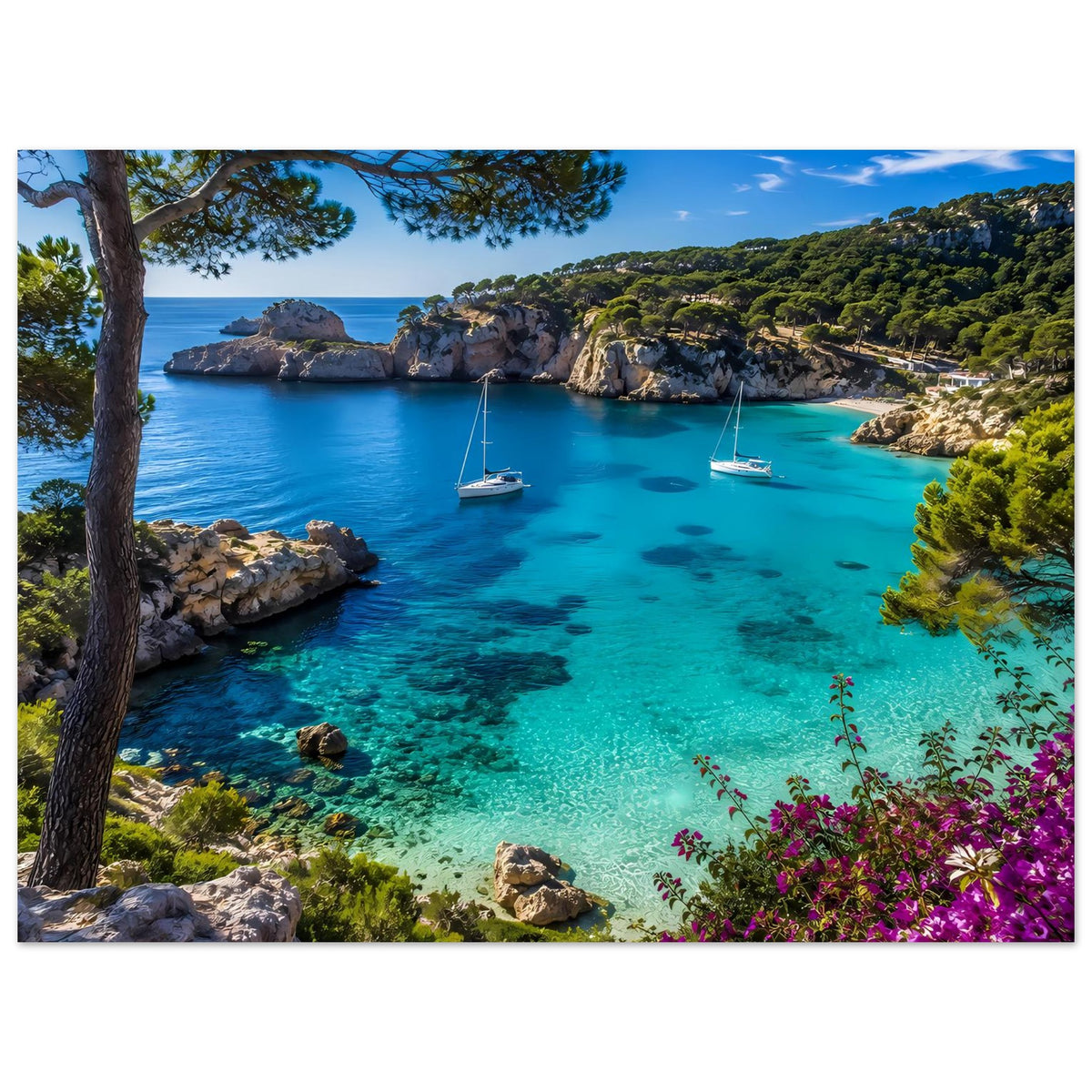 Gedrucktes Poster im Querformat mit türkisfarbenem Meer, Felsen, Segelbooten und rosa Blüten.