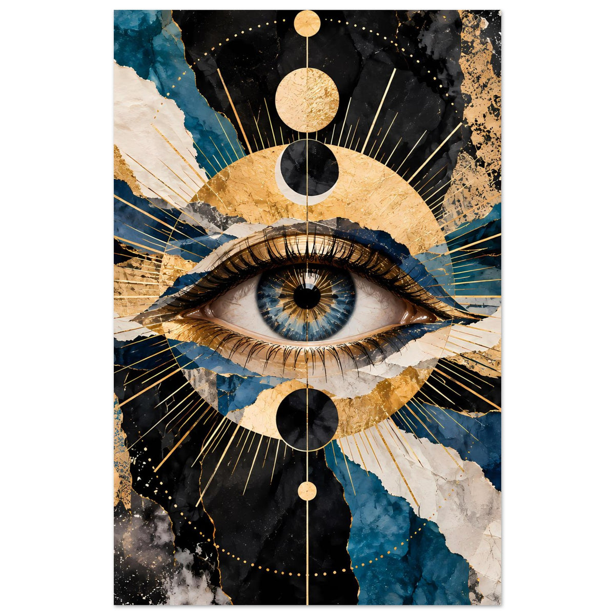 Hochformat-Poster mit zentralem Auge, blauen und goldenen Farbstreifen sowie dunklen Kreisformen.