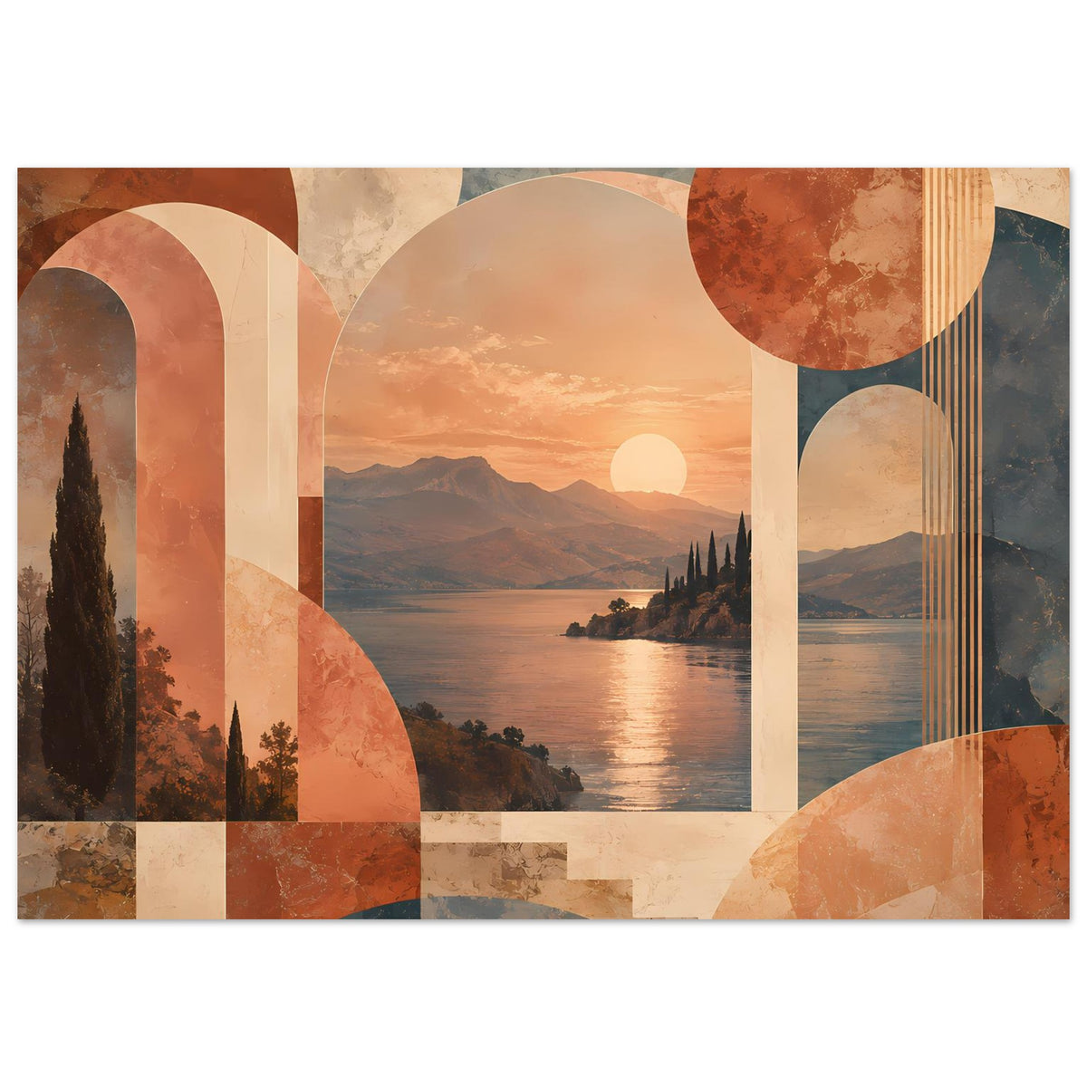Abstraktes Poster mit Landschaftsmotiv im Sonnenuntergang, warm, mit Kreisen und Säulen