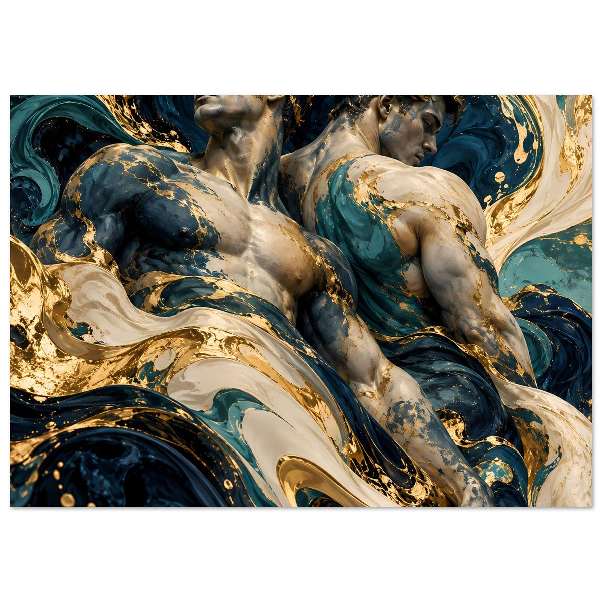 Kunstposter mit zentraler Figurenkomposition, Blau- und Goldwirbel sowie cremefarbenen Flächen