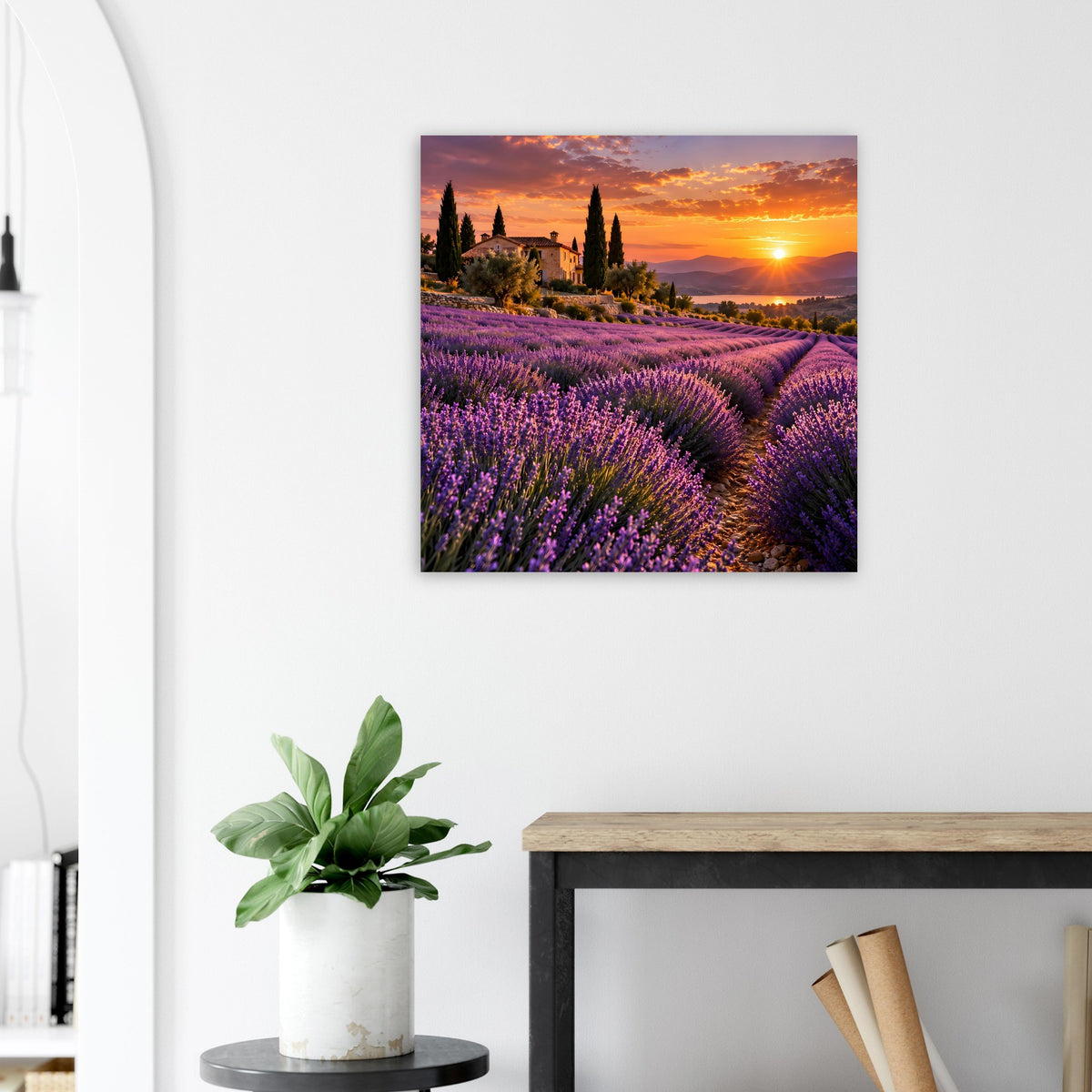 Quadratisches Wandposter mit Lavendelfeldern und goldenem Sonnenuntergang