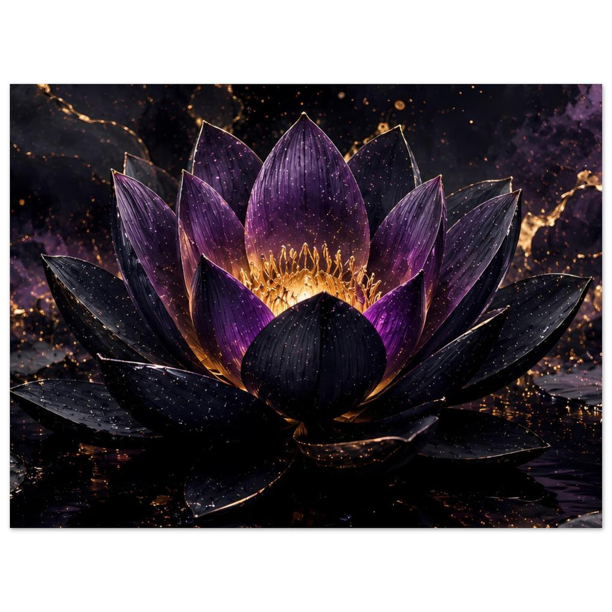 Lotusblüten-Poster mit violetten Blättern und goldener Mitte auf dunklem Hintergrund
