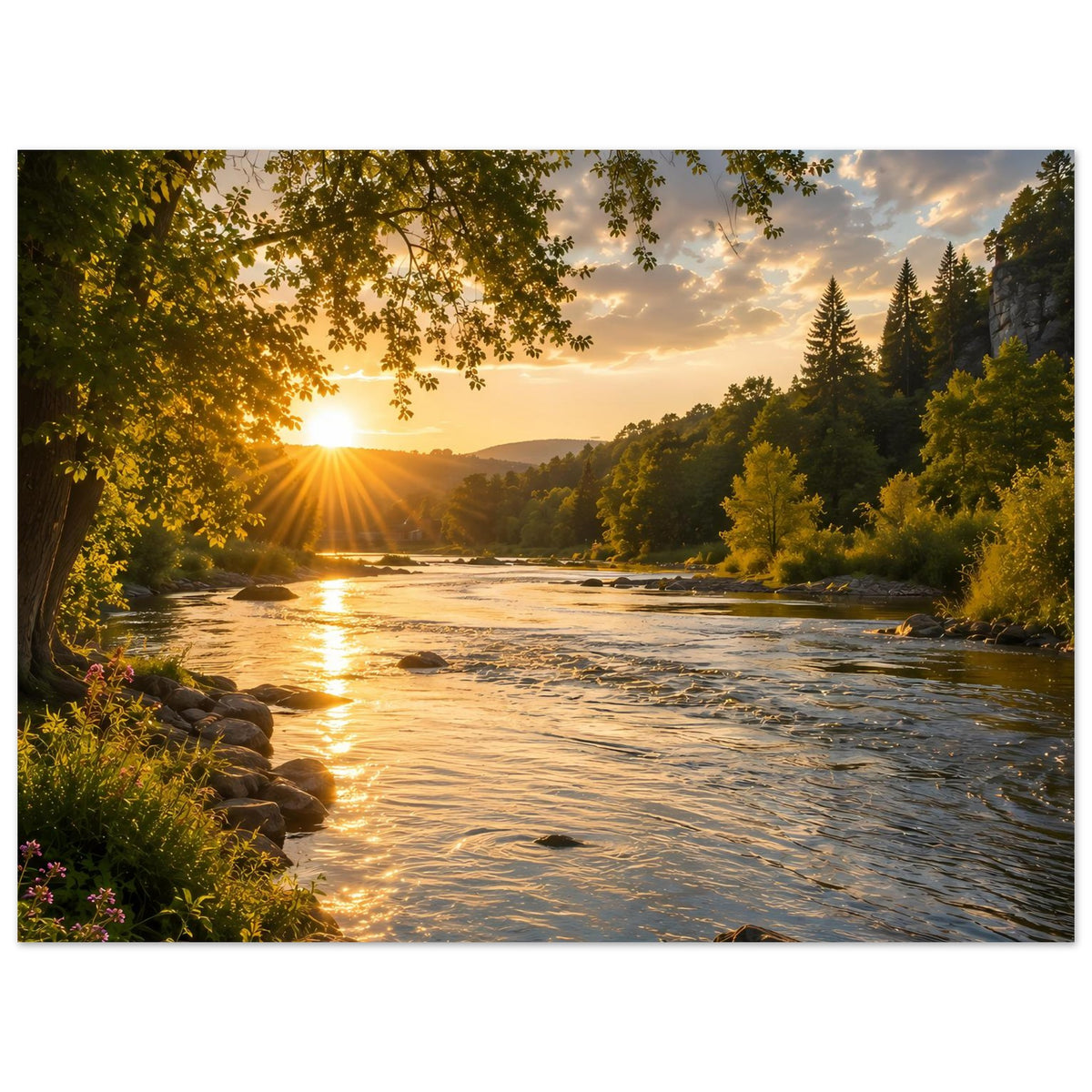 Naturposter mit Fluss und goldenen Reflexen bei Sonnenaufgang, üppiger Flusswald