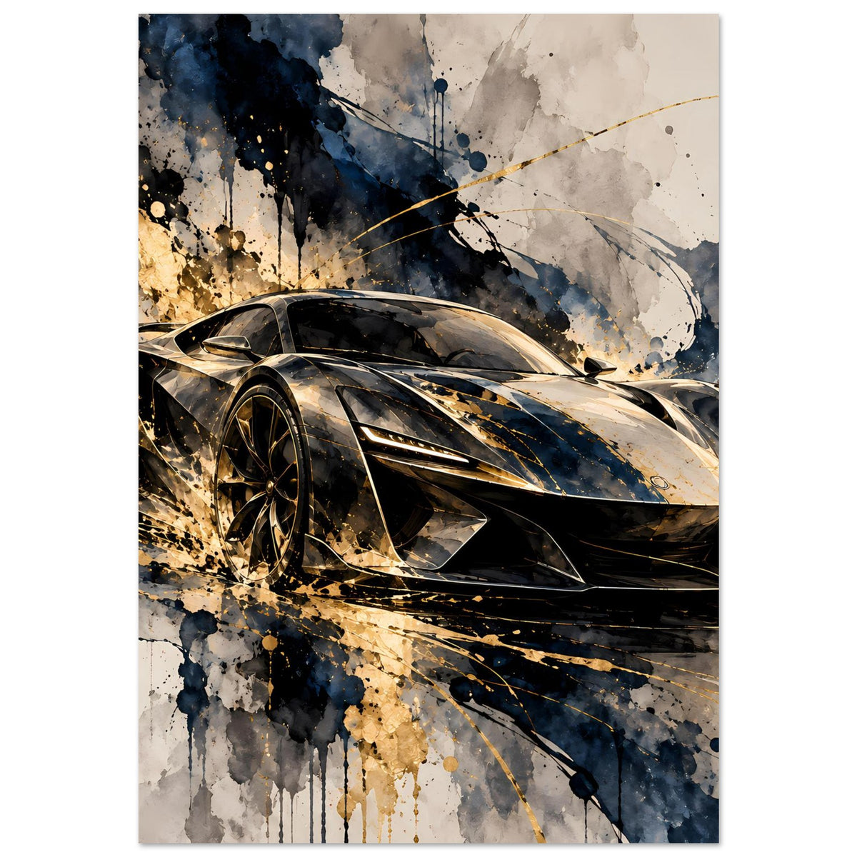 Poster mit Rennsportwagen in Schwarz-Gold, abstrakte Farbspritzer, hoher Bildausschnitt
