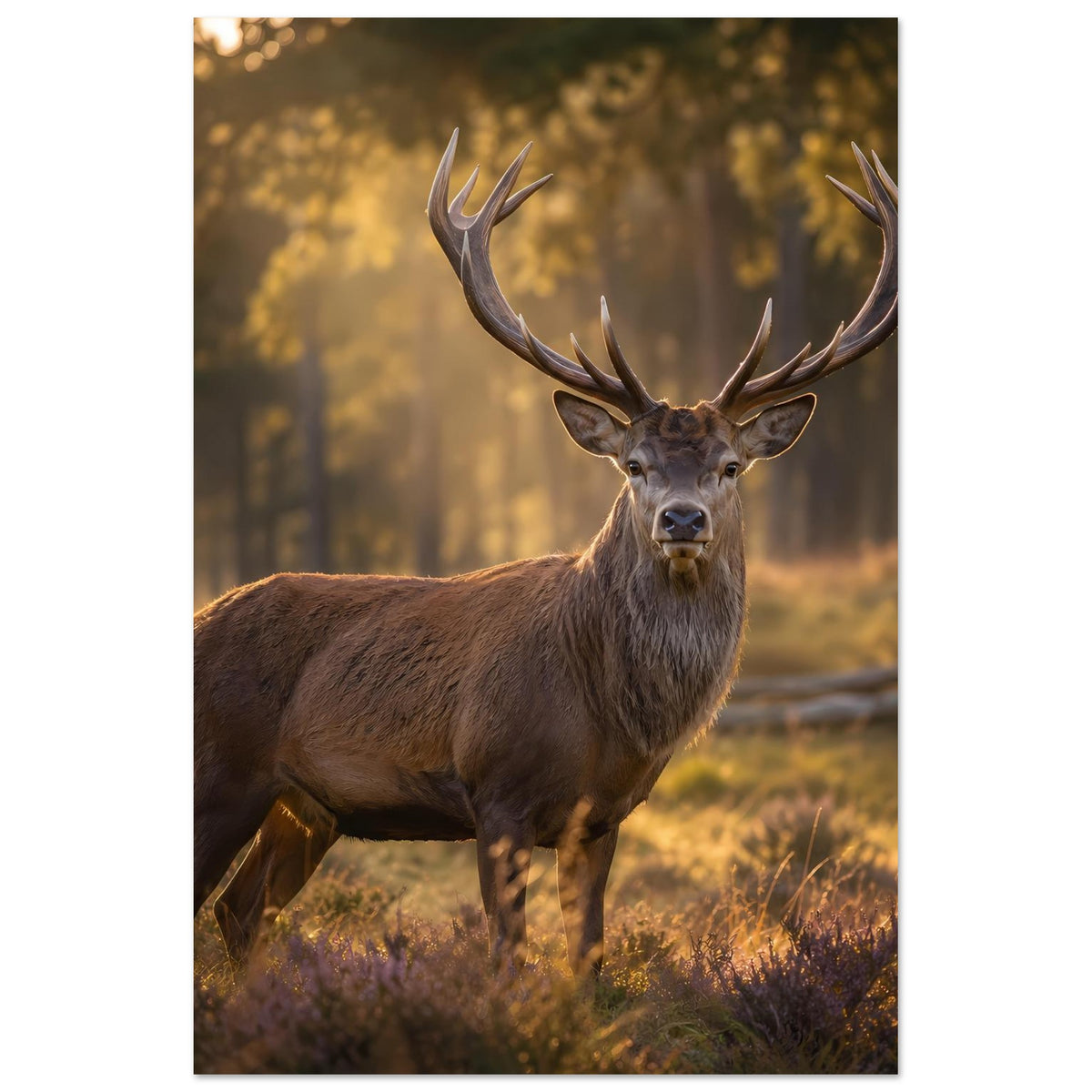 Hochformat-Poster: Hirsch im Wald mit braunem Fell und verzweigtem Geweih