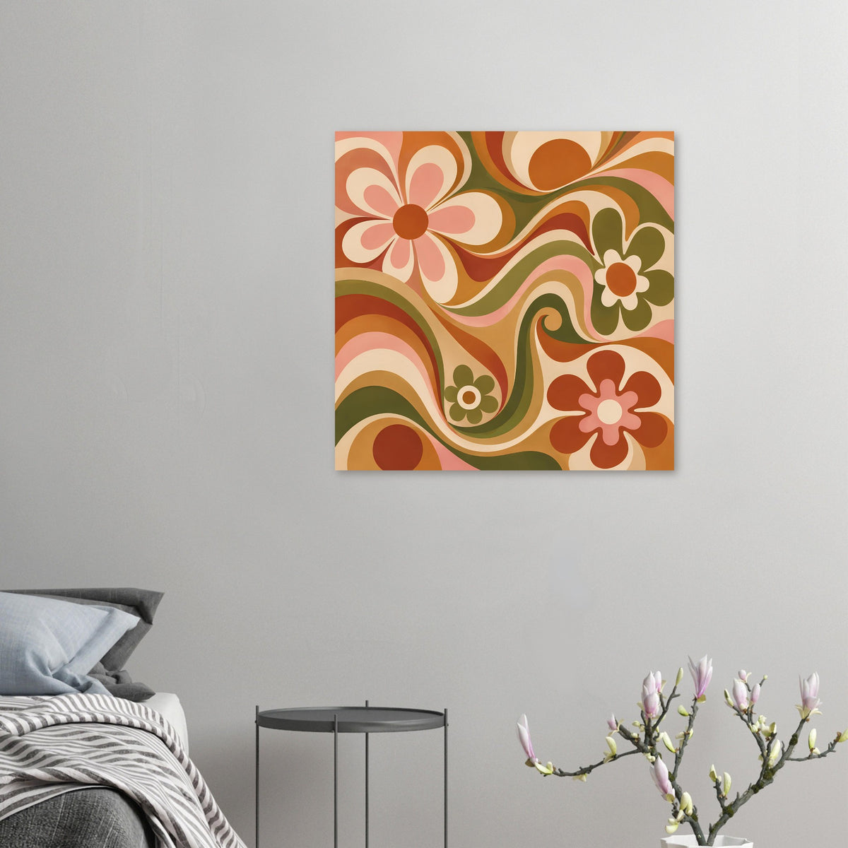 Kleines florales Retro-Poster mit Blütenwirbeln in Olivgrün und Orangetönen