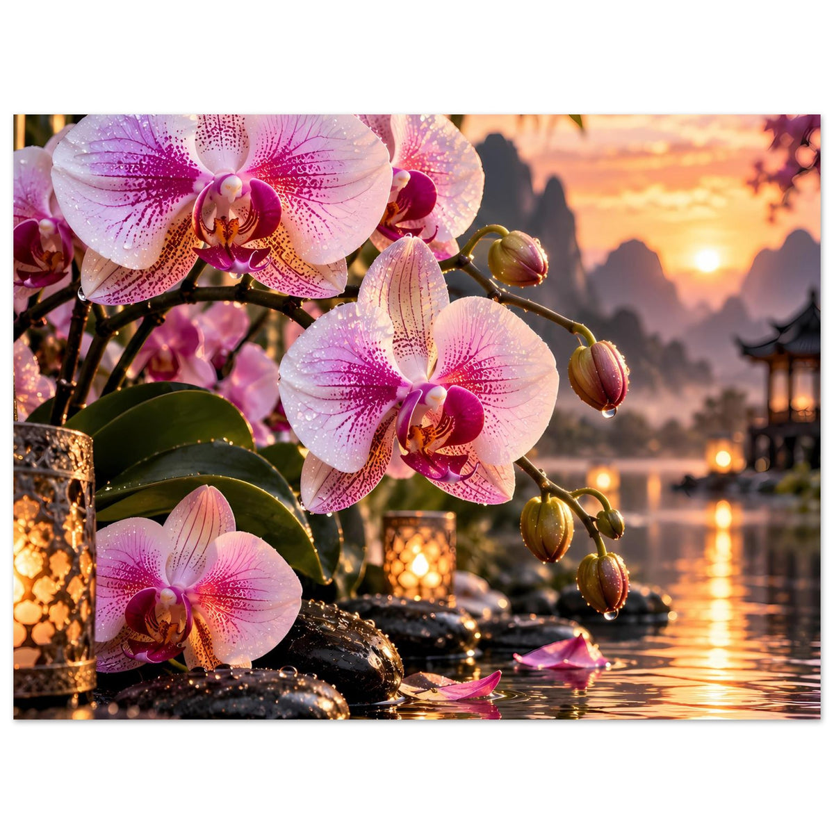 Poster mit rosa Orchideen und goldenen Kerzen am ruhigen Wasser mit Blütenblättern