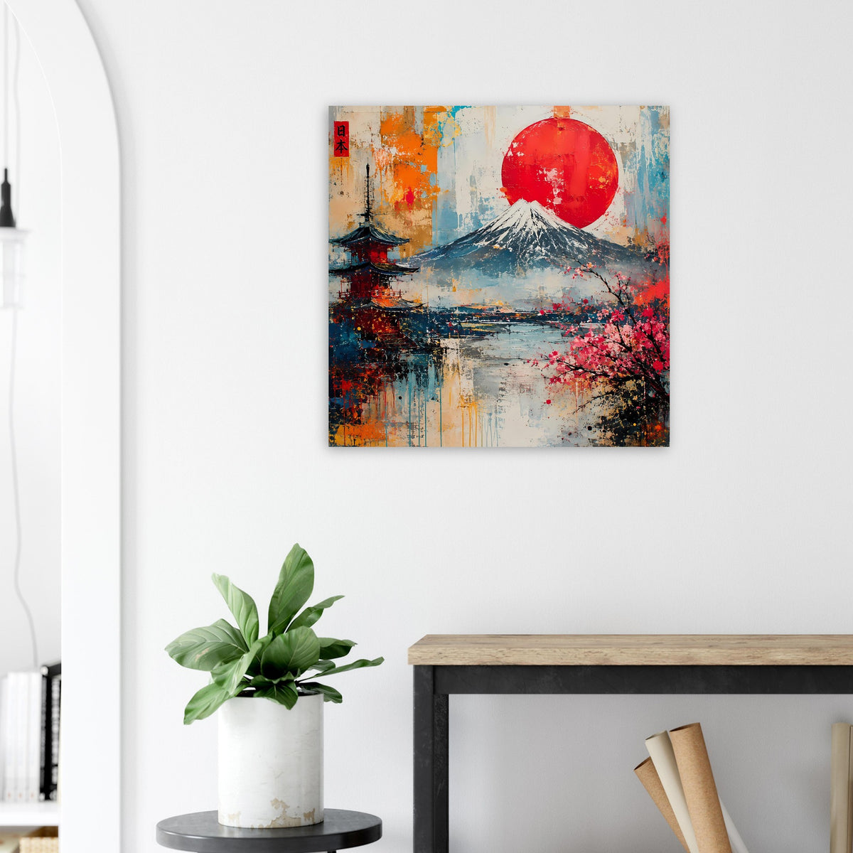 Quadratisches Wandposter mit Fuji, großem rotem Sonnenkreis und Kirschblüten im Vordergrund.